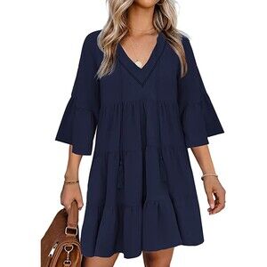 BTFBM Shift Dress V Neck Half Bell Sleeve Tassel Ruffle Tiered Swing Tunic Sz S